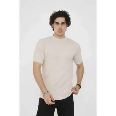 Unisex Bisiklet Yaka Slim Fit T-Shirt- Bej