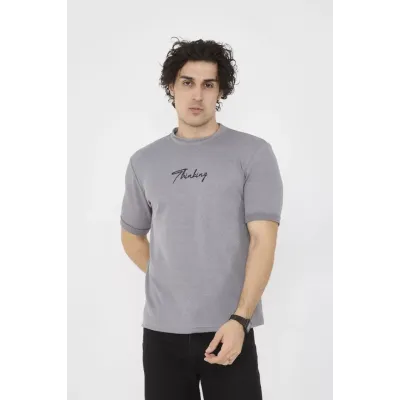 Unisex Bisiklet Yaka Slim Fit T-Shirt- Gri