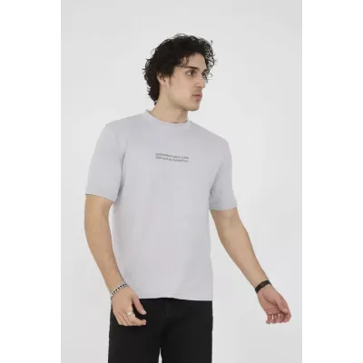 Unisex Bisiklet Yaka Slim Fit T-Shirt- Boyalı Gri