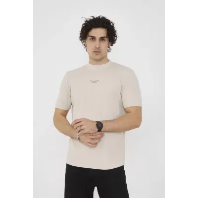 Unisex Bisiklet Yaka Slim Fit T-Shirt- Bej
