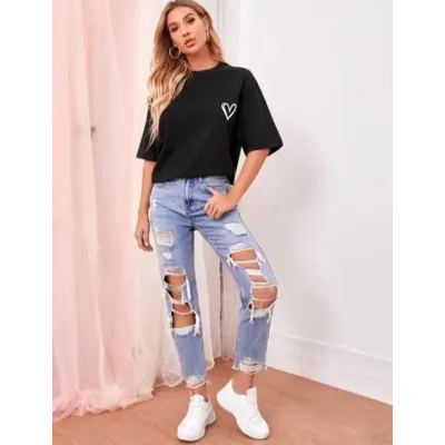 Bisiklet Yaka Baskılı Oversize T-Shirt - Siyah Bisiklet Yaka Baskılı Oversize T-Shirt - Siyah