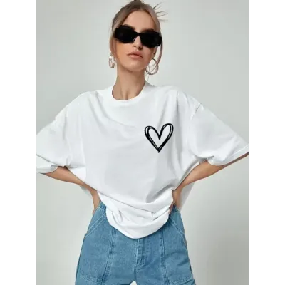Bisiklet Yaka Baskılı Oversize T-Shirt - Beyaz Bisiklet Yaka Baskılı Oversize T-Shirt - Beyaz