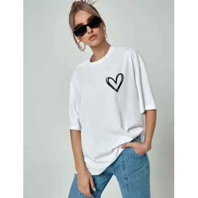 Bisiklet Yaka Baskılı Oversize T-Shirt - Beyaz Bisiklet Yaka Baskılı Oversize T-Shirt - Beyaz