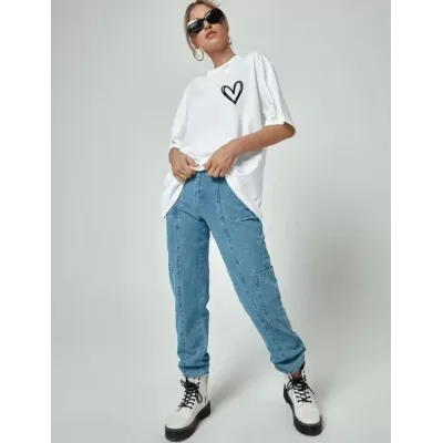 Bisiklet Yaka Baskılı Oversize T-Shirt - Beyaz Bisiklet Yaka Baskılı Oversize T-Shirt - Beyaz