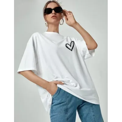 Bisiklet Yaka Baskılı Oversize T-Shirt - Beyaz Bisiklet Yaka Baskılı Oversize T-Shirt - Beyaz