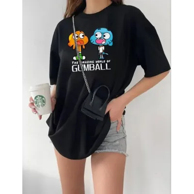 Bisiklet Yaka Baskılı Oversize T-Shirt - Siyah Bisiklet Yaka Baskılı Oversize T-Shirt - Siyah