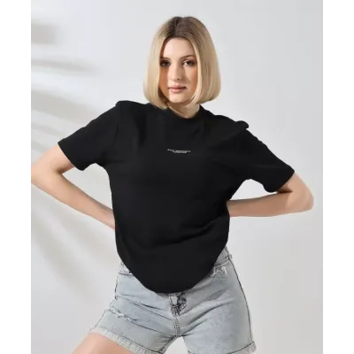 Unisex Bisiklet Yaka Baskılı Slim Fit T-Shirt - Siyah Unisex Bisiklet Yaka Baskılı Slim Fit T-Shirt - Siyah