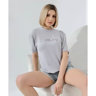 Unisex Bisiklet Yaka Baskılı Slim Fit T-Shirt - Boyalı Gri Unisex Bisiklet Yaka Baskılı Slim Fit T-Shirt - Boyalı Gri