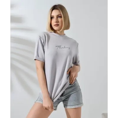 Unisex Bisiklet Yaka Baskılı Slim Fit T-Shirt - Boyalı Gri Unisex Bisiklet Yaka Baskılı Slim Fit T-Shirt - Boyalı Gri