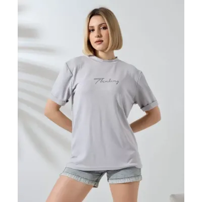 Unisex Bisiklet Yaka Baskılı Slim Fit T-Shirt - Boyalı Gri Unisex Bisiklet Yaka Baskılı Slim Fit T-Shirt - Boyalı Gri