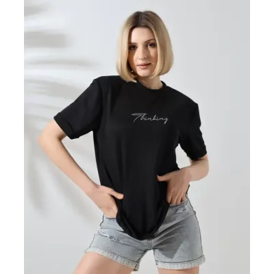 Unisex Bisiklet Yaka Baskılı Slim Fit T-Shirt - Siyah Unisex Bisiklet Yaka Baskılı Slim Fit T-Shirt - Siyah