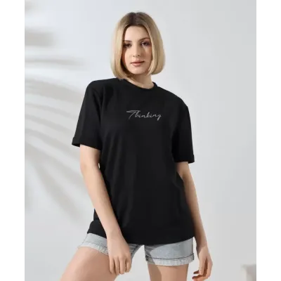Unisex Bisiklet Yaka Baskılı Slim Fit T-Shirt - Siyah Unisex Bisiklet Yaka Baskılı Slim Fit T-Shirt - Siyah