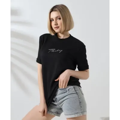 Unisex Bisiklet Yaka Baskılı Slim Fit T-Shirt - Siyah Unisex Bisiklet Yaka Baskılı Slim Fit T-Shirt - Siyah