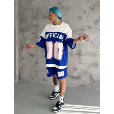 Unisex Dijital Baskılı Şortlu Takım - Mavi Unisex Dijital Baskılı Şortlu Takım - Mavi