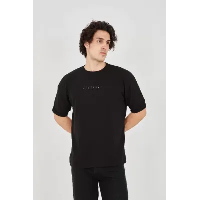 Unisex Jakar Kumaş Rahat Kol T-Shirt - Siyah