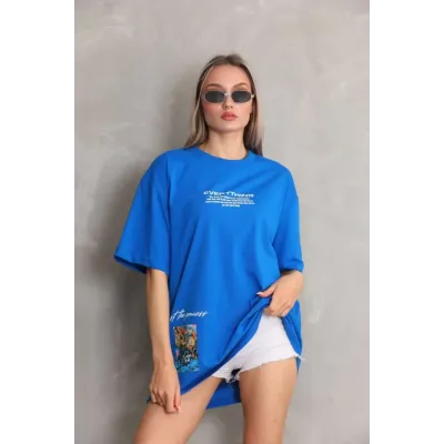 Unisex Bisiklet Yaka Baskılı Oversize T-Shirt - Mavi Unisex Bisiklet Yaka Baskılı Oversize T-Shirt - Mavi