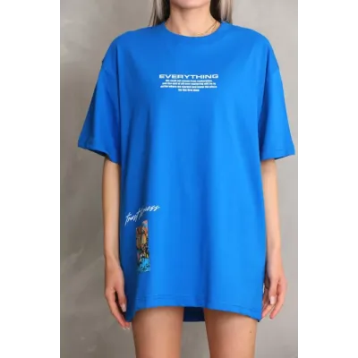 Unisex Bisiklet Yaka Baskılı Oversize T-Shirt - Mavi Unisex Bisiklet Yaka Baskılı Oversize T-Shirt - Mavi
