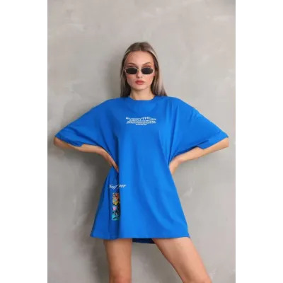 Unisex Bisiklet Yaka Baskılı Oversize T-Shirt - Mavi Unisex Bisiklet Yaka Baskılı Oversize T-Shirt - Mavi
