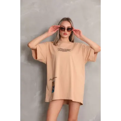 Unisex Bisiklet Yaka Baskılı Oversize T-Shirt - Bej Unisex Bisiklet Yaka Baskılı Oversize T-Shirt - Bej