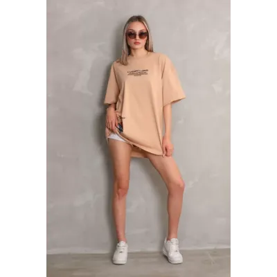 Unisex Bisiklet Yaka Baskılı Oversize T-Shirt - Bej Unisex Bisiklet Yaka Baskılı Oversize T-Shirt - Bej