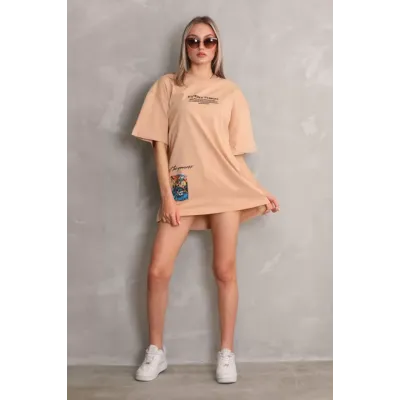 Unisex Bisiklet Yaka Baskılı Oversize T-Shirt - Bej Unisex Bisiklet Yaka Baskılı Oversize T-Shirt - Bej