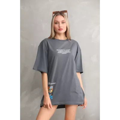 Unisex Bisiklet Yaka Baskılı Oversize T-Shirt - Gri Unisex Bisiklet Yaka Baskılı Oversize T-Shirt - Gri