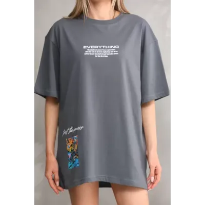 Unisex Bisiklet Yaka Baskılı Oversize T-Shirt - Gri Unisex Bisiklet Yaka Baskılı Oversize T-Shirt - Gri
