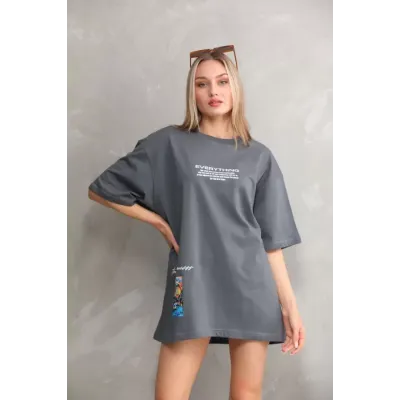 Unisex Bisiklet Yaka Baskılı Oversize T-Shirt - Gri Unisex Bisiklet Yaka Baskılı Oversize T-Shirt - Gri