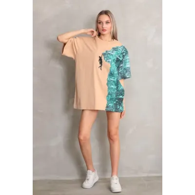 Unisex Bisiklet Yaka Baskılı Oversize T-Shirt - Bej Unisex Bisiklet Yaka Baskılı Oversize T-Shirt - Bej