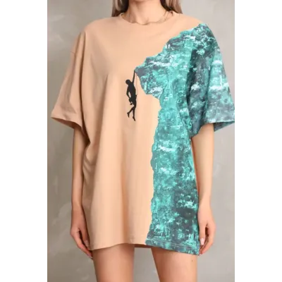 Unisex Bisiklet Yaka Baskılı Oversize T-Shirt - Bej Unisex Bisiklet Yaka Baskılı Oversize T-Shirt - Bej