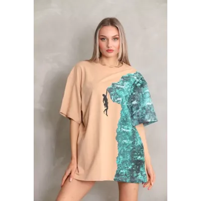 Unisex Bisiklet Yaka Baskılı Oversize T-Shirt - Bej Unisex Bisiklet Yaka Baskılı Oversize T-Shirt - Bej