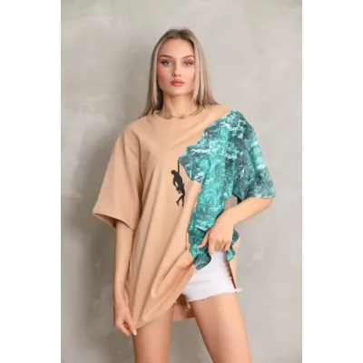 Unisex Bisiklet Yaka Baskılı Oversize T-Shirt - Bej Unisex Bisiklet Yaka Baskılı Oversize T-Shirt - Bej