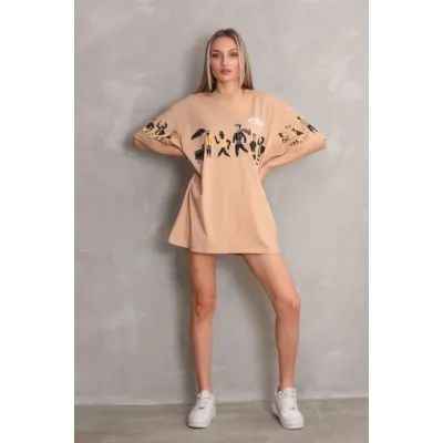 Unisex Bisiklet Yaka Baskılı Oversize T-Shirt - Bej Unisex Bisiklet Yaka Baskılı Oversize T-Shirt - Bej
