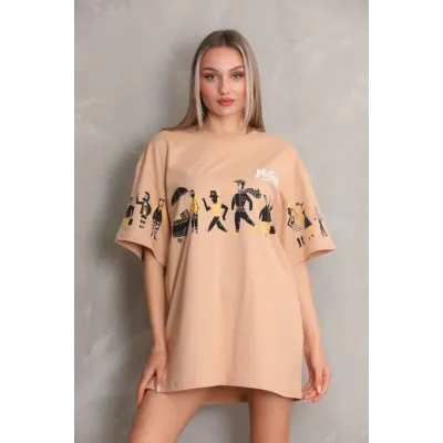 Unisex Bisiklet Yaka Baskılı Oversize T-Shirt - Bej Unisex Bisiklet Yaka Baskılı Oversize T-Shirt - Bej