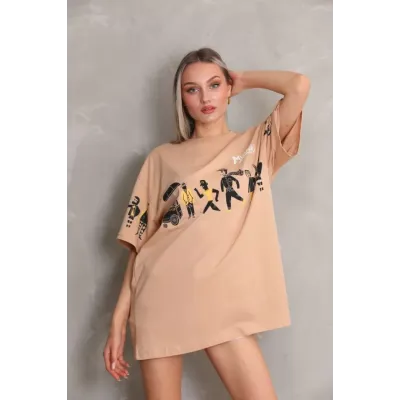 Unisex Bisiklet Yaka Baskılı Oversize T-Shirt - Bej Unisex Bisiklet Yaka Baskılı Oversize T-Shirt - Bej