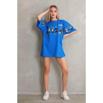 Unisex Bisiklet Yaka Baskılı Oversize T-Shirt - Mavi Unisex Bisiklet Yaka Baskılı Oversize T-Shirt - Mavi
