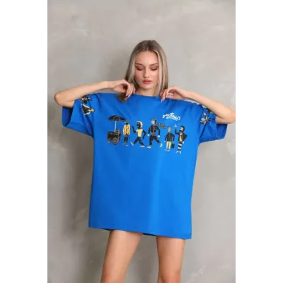 Unisex Bisiklet Yaka Baskılı Oversize T-Shirt - Mavi Unisex Bisiklet Yaka Baskılı Oversize T-Shirt - Mavi