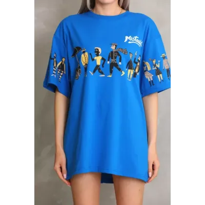 Unisex Bisiklet Yaka Baskılı Oversize T-Shirt - Mavi Unisex Bisiklet Yaka Baskılı Oversize T-Shirt - Mavi
