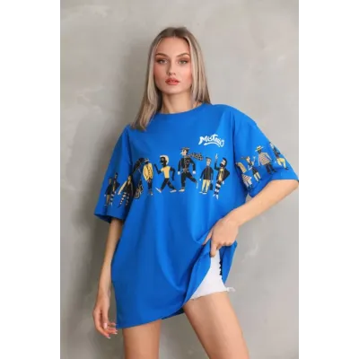 Unisex Bisiklet Yaka Baskılı Oversize T-Shirt - Mavi Unisex Bisiklet Yaka Baskılı Oversize T-Shirt - Mavi