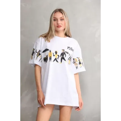 Unisex Bisiklet Yaka Baskılı Oversize T-Shirt - Beyaz Unisex Bisiklet Yaka Baskılı Oversize T-Shirt - Beyaz