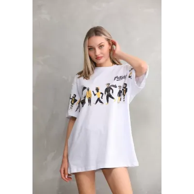 Unisex Bisiklet Yaka Baskılı Oversize T-Shirt - Beyaz Unisex Bisiklet Yaka Baskılı Oversize T-Shirt - Beyaz