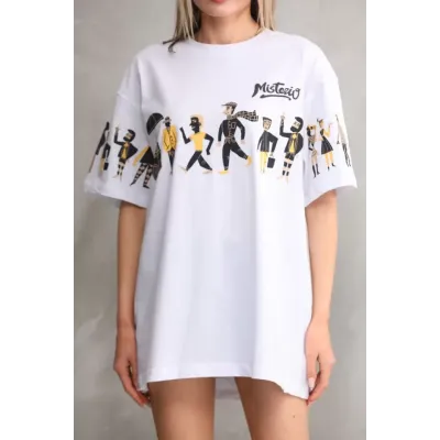 Unisex Bisiklet Yaka Baskılı Oversize T-Shirt - Beyaz Unisex Bisiklet Yaka Baskılı Oversize T-Shirt - Beyaz