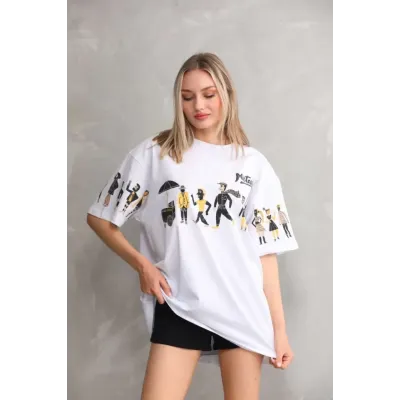 Unisex Bisiklet Yaka Baskılı Oversize T-Shirt - Beyaz Unisex Bisiklet Yaka Baskılı Oversize T-Shirt - Beyaz