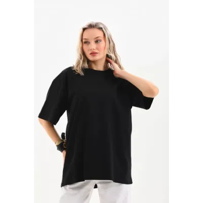 Unisex Bisiklet Yaka 20/1 Düz Oversize T-Shirt - Siyah Unisex Bisiklet Yaka 20/1 Düz Oversize T-Shirt - Siyah