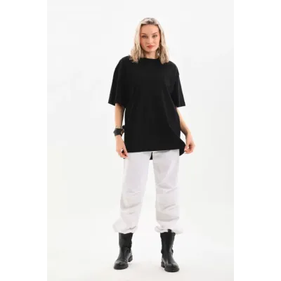 Unisex Bisiklet Yaka 20/1 Düz Oversize T-Shirt - Siyah Unisex Bisiklet Yaka 20/1 Düz Oversize T-Shirt - Siyah