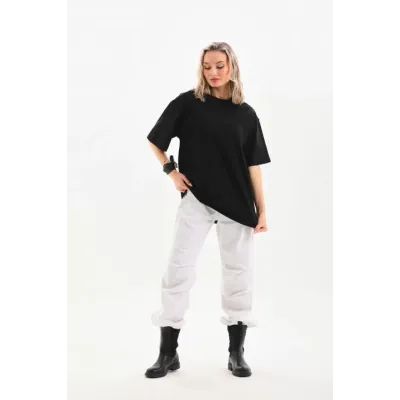 Unisex Bisiklet Yaka 20/1 Düz Oversize T-Shirt - Siyah Unisex Bisiklet Yaka 20/1 Düz Oversize T-Shirt - Siyah