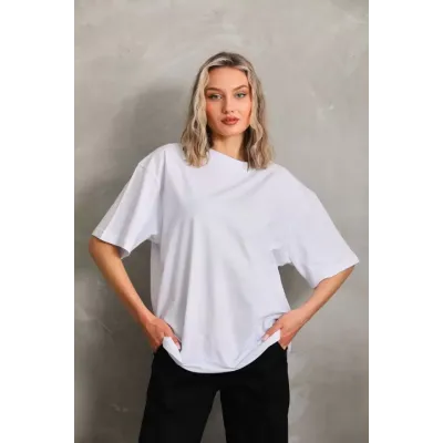 Unisex Bisiklet Yaka 20/1 Düz Oversize T-Shirt - Beyaz Unisex Bisiklet Yaka 20/1 Düz Oversize T-Shirt - Beyaz