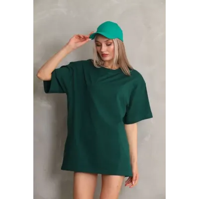 Unisex Bisiklet Yaka 20/1 Düz Oversize T-Shirt - Yeşil Unisex Bisiklet Yaka 20/1 Düz Oversize T-Shirt - Yeşil