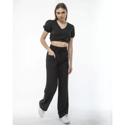 Kadin Keten Pantalon Ve Crop Takım - Siyah Kadin Keten Pantalon Ve Crop Takım - Siyah
