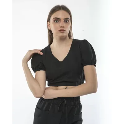 Kadin Keten Pantalon Ve Crop Takım - Siyah Kadin Keten Pantalon Ve Crop Takım - Siyah